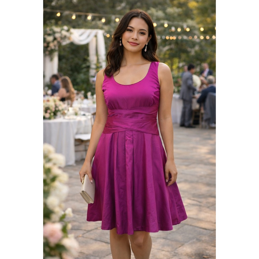 AMANDA SMITH: Fit Flare Dress Size 4 P Pink Purple Sync Waist 100% Cotton (H171)